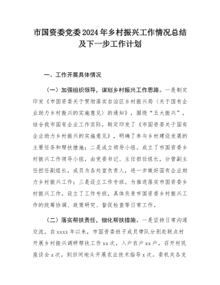 市国资委党委2024年乡村振兴工作情况总结及下一步工作计划.docx