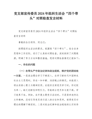 党支部宣传委员2024年组织SH会“四个带头”对照检查发言材料.docx