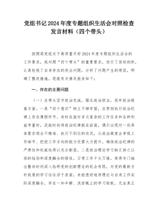 党组书记2024年度专题组织SH会对照检查发言材料（四个带头）.docx