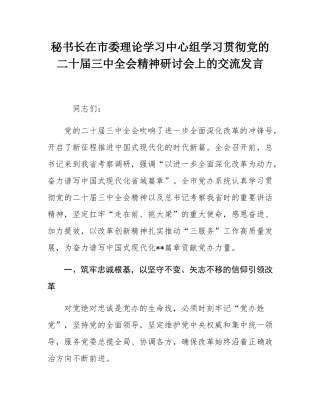 秘书长在市委理论学习中心组学习贯彻党的二十届三中全会精神研讨会上的交流发言.docx