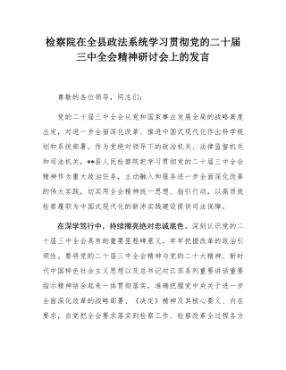 检察院在全县政法系统学习贯彻党的二十届三中全会精神研讨会上的发言.docx