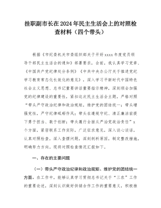 挂职副市长在2024年民主SH会上的对照检查材料（四个带头）.docx