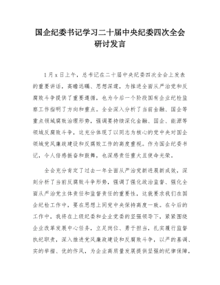 国企纪委书记学习二十届中央纪委四次全会研讨发言.docx