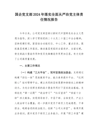 国企党支部2024年落实全面从严治党主体责任情况报告.docx