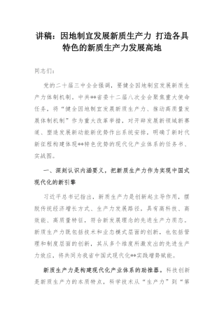 讲稿：因地制宜发展新质生产力 打造各具特色的新质生产力发展高地.docx