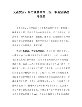 交流发言：聚力强基固本工程，锻造坚强战斗堡垒.docx