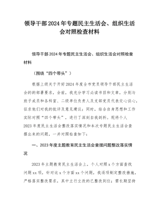 领导干部2024年专题民主SH会、组织SH会对照检查材料.docx