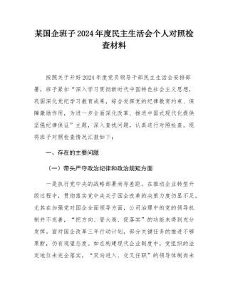 某国企班子2024年度民主SH会个人对照检查材料.docx