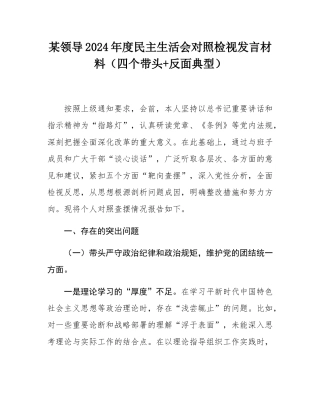 某领导2024年度民主SH会对照检视发言材料（四个带头+反面典型）.docx