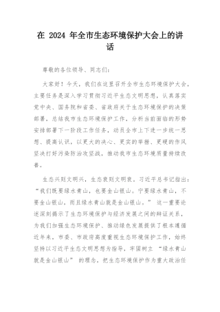 在 2024 年全市生态环境保护大会上的讲话.docx