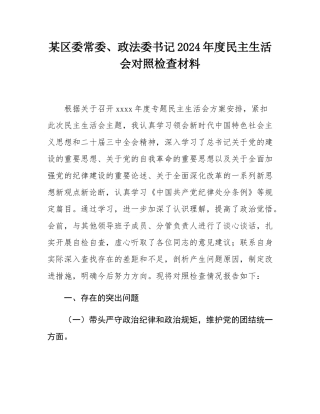 某区委常委、政法委书记2024年度民主SH会对照检查材料.docx