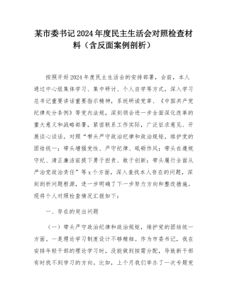 某市委书记2024年度民主SH会对照检查材料（含反面案例剖析）.docx