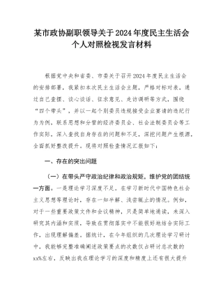 某市政协副职领导关于2024年度民主SH会个人对照检视发言材料.docx