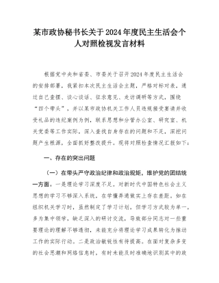 某市政协秘书长关于2024年度民主SH会个人对照检视发言材料.docx
