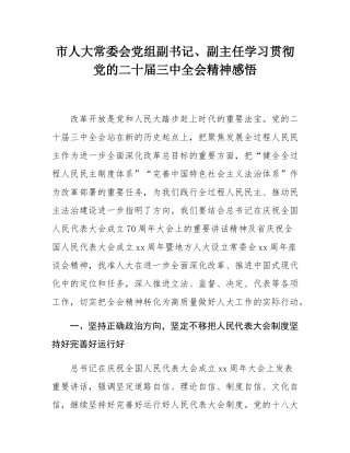 市人大常委会党组副书记、副主任学习贯彻党的二十届三中全会精神感悟.docx