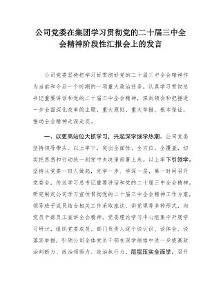 公司党委在集团学习贯彻党的二十届三中全会精神阶段性汇报会上的发言.docx