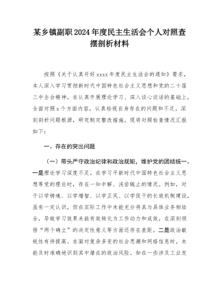 某乡镇副职2024年度民主SH会个人对照查摆剖析材料.docx