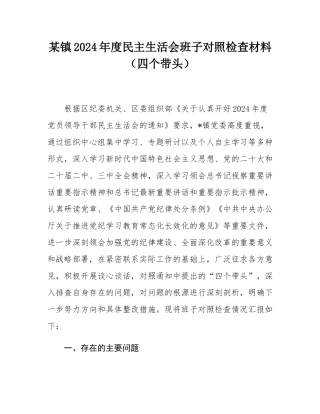 某镇2024年度民主SH会班子对照检查材料（四个带头）.docx