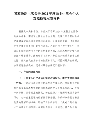 某政协副主席关于2024年度民主SH会个人对照检视发言材料.docx