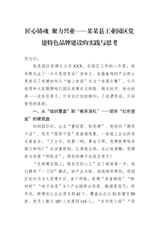 匠心铸魂++聚力兴业——某某县工业园区党建特色品牌建设的实践与思考.docx