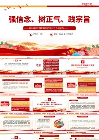 2022强信念树正气践宗旨努力做守纪律和规矩的新时代合格党员PPT红色党政风党支部党员干部党史学习教育专题党建党课课件模板下载.pptx