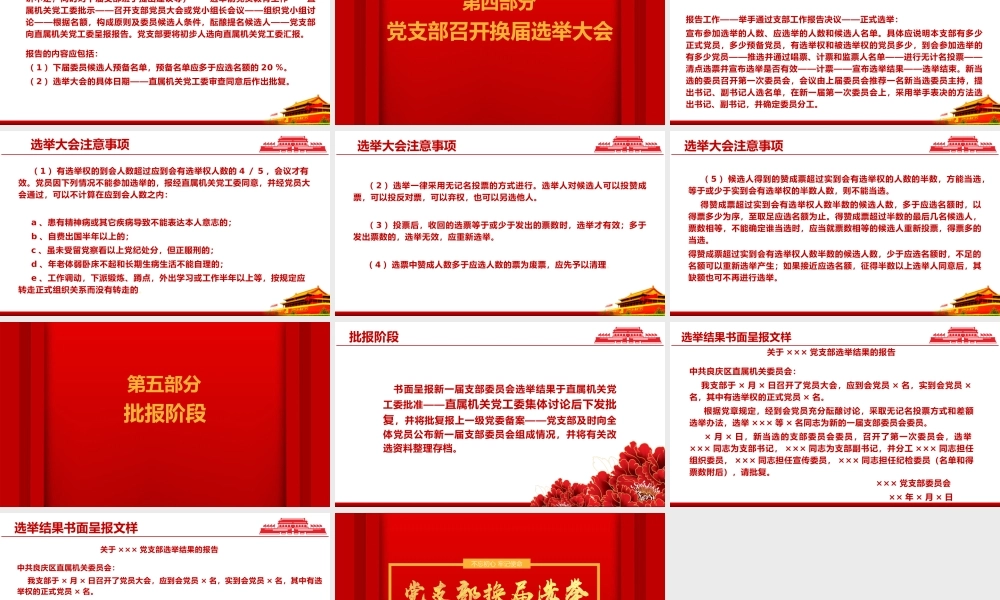 红色庄重党支部换届选举工作流程PPT模板.pptx