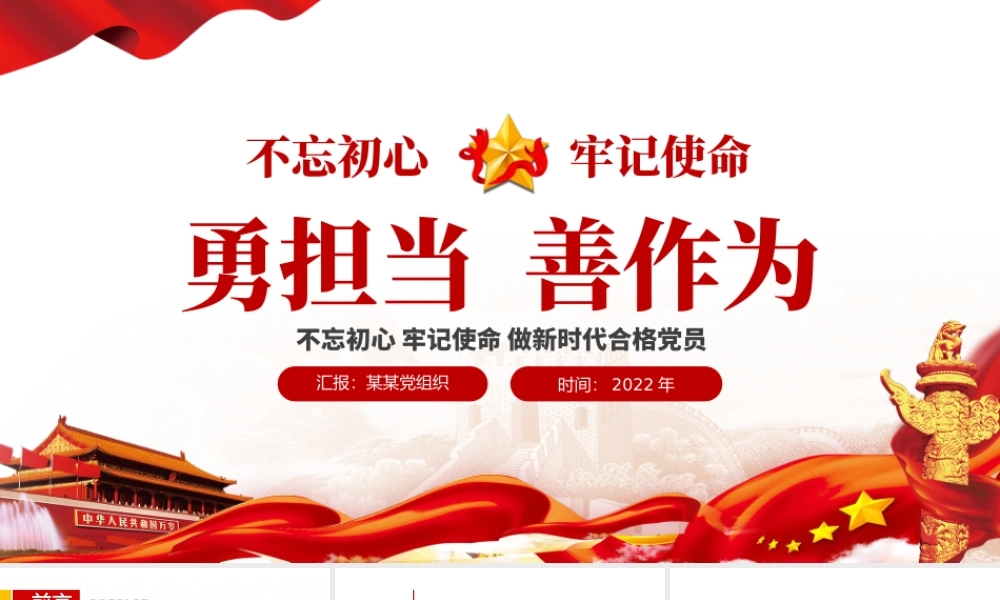 勇担当善作为PPT大气党政风不忘初心牢记使命做新时代合格党员主题党课课件模板.pptx