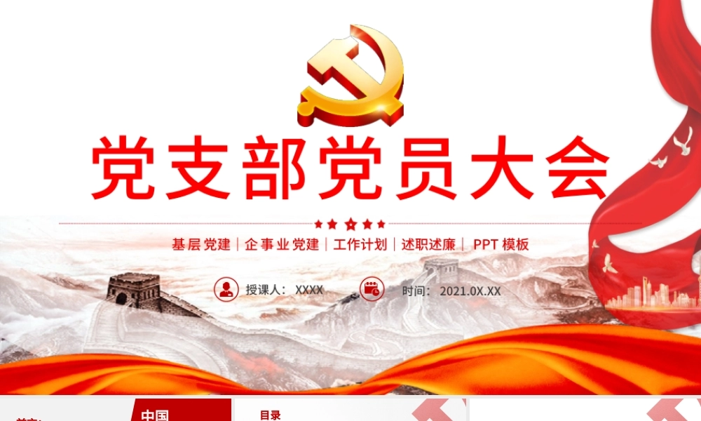 2021党支部党员大会PPT红色大气基层党组织党务工作总结问题分析及工作计划党课模板.pptx