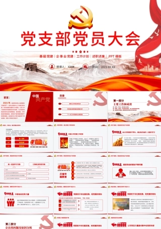 2021党支部党员大会PPT红色大气基层党组织党务工作总结问题分析及工作计划党课模板.pptx