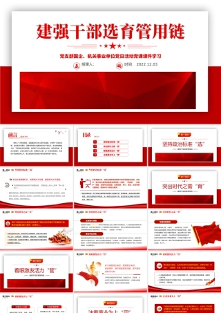 2022建强干部选育管用链PPT红色精美风党支部主题党日活动专题党课课件模板.pptx