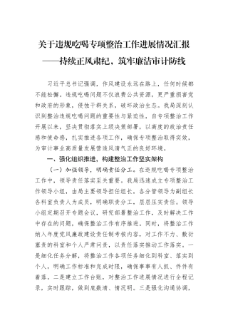 关于违规吃喝专项整治工作进展情况汇报——持续正风肃纪，筑牢廉洁审计防线.docx