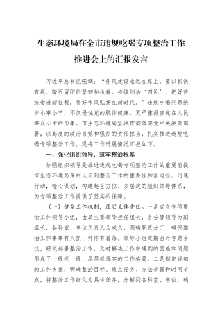 生态环境局在全市违规吃喝专项整治工作推进会上的汇报发言.docx