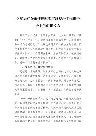 文旅局在全市违规吃喝专项整治工作推进会上的汇报发言.docx