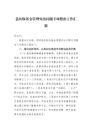 县医保基金管理突出问题专项整治工作汇报.docx