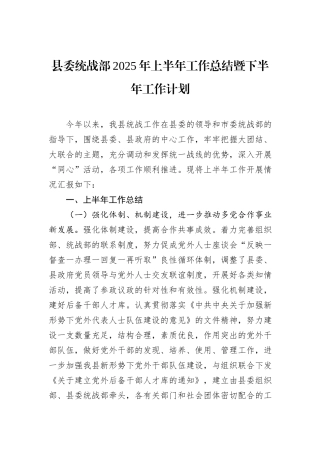 县委统战部2025年上半年工作总结暨下半年工作计划.docx
