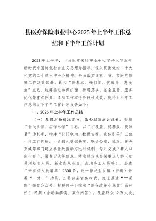 县医疗保险事业中心2025年上半年工作总结和下半年工作计划.docx