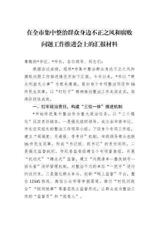 在全市集中整治群众身边不正之风和腐败问题工作推进会上的汇报材料.docx