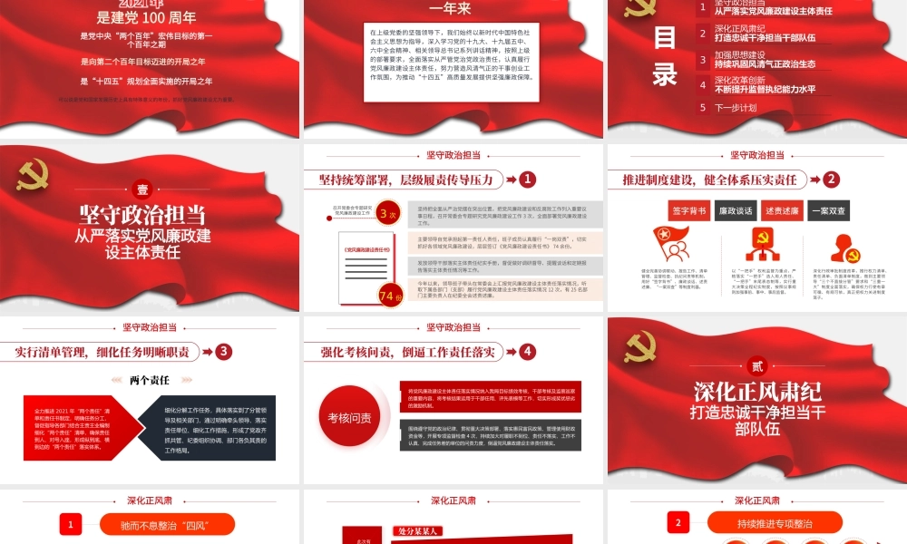 2021-2022年度党风廉政建设主体责任情况报告PPT红色简洁坚守政治担当深化正风肃纪加强思想建设深化改革创新党课.pptx