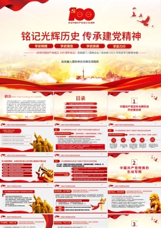 2021铭记光辉历史传承建党精神PPT红色简洁学习七一重要讲话精神党建党课模板.pptx