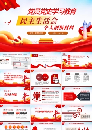 2022党员党史学习教育民主生活会个人剖析材料PPT精品党政部门党支部教育专题党课模板.pptx
