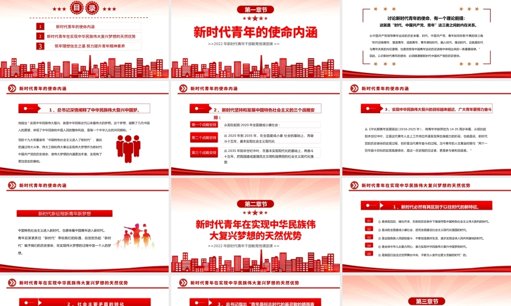 2022青年精神素养提升PPT红色简约风新时代青年干部教育党课团课课件模板.pptx
