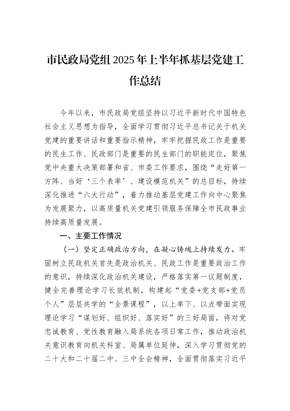 市民政局党组2025年上半年抓基层党建工作总结.docx_第1页