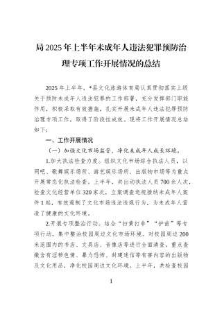 局2025年上半年未成年人违法犯罪预防治理专项工作开展情况的总结.docx
