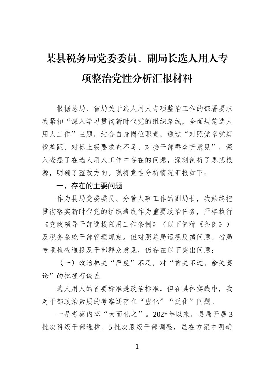 某县税务局党委委员、副局长选人用人专项整治党性分析汇报材料.docx_第1页