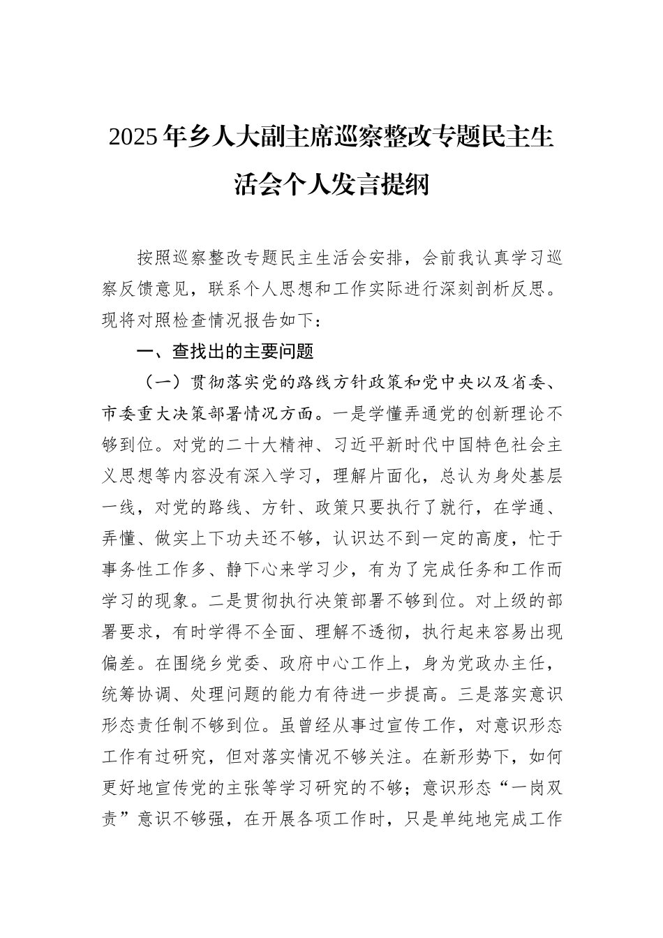 2025年乡人大副主席巡察整改专题民主生活会个人发言提纲.docx_第1页
