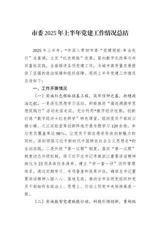 市委2025年上半年党建工作情况总结.docx