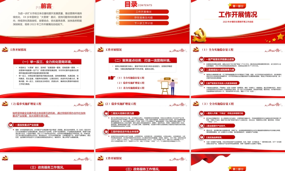 2023年乡镇优化营商环境工作总结PPT简洁风推动营商环境持续优化简政放权放管结合党建总结模板.pptx