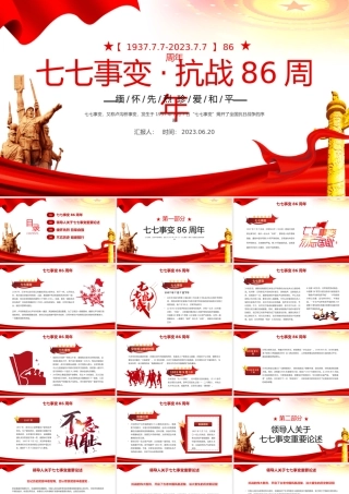 2023七七事变抗战86周年纪念日PPT红色党政风纪念七七事变铭记历史弘扬红色精神主题班会课件模板下载.pptx