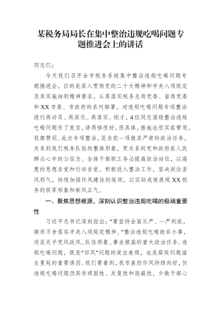 某税务局局长在集中整治违规吃喝问题专题推进会上的讲话.doc