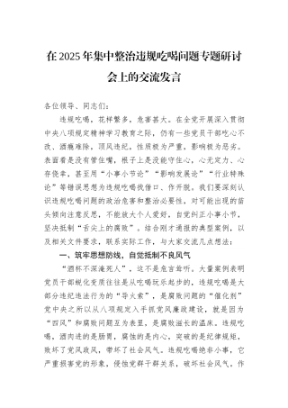在2025年集中整治违规吃喝问题专题研讨会上的交流发言.docx
